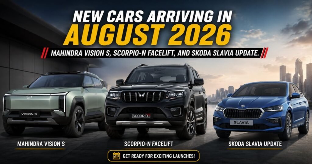 New cars arriving in August 2026: Mahindra Vision S, Scorpio-N facelift, and Skoda Slavia update.